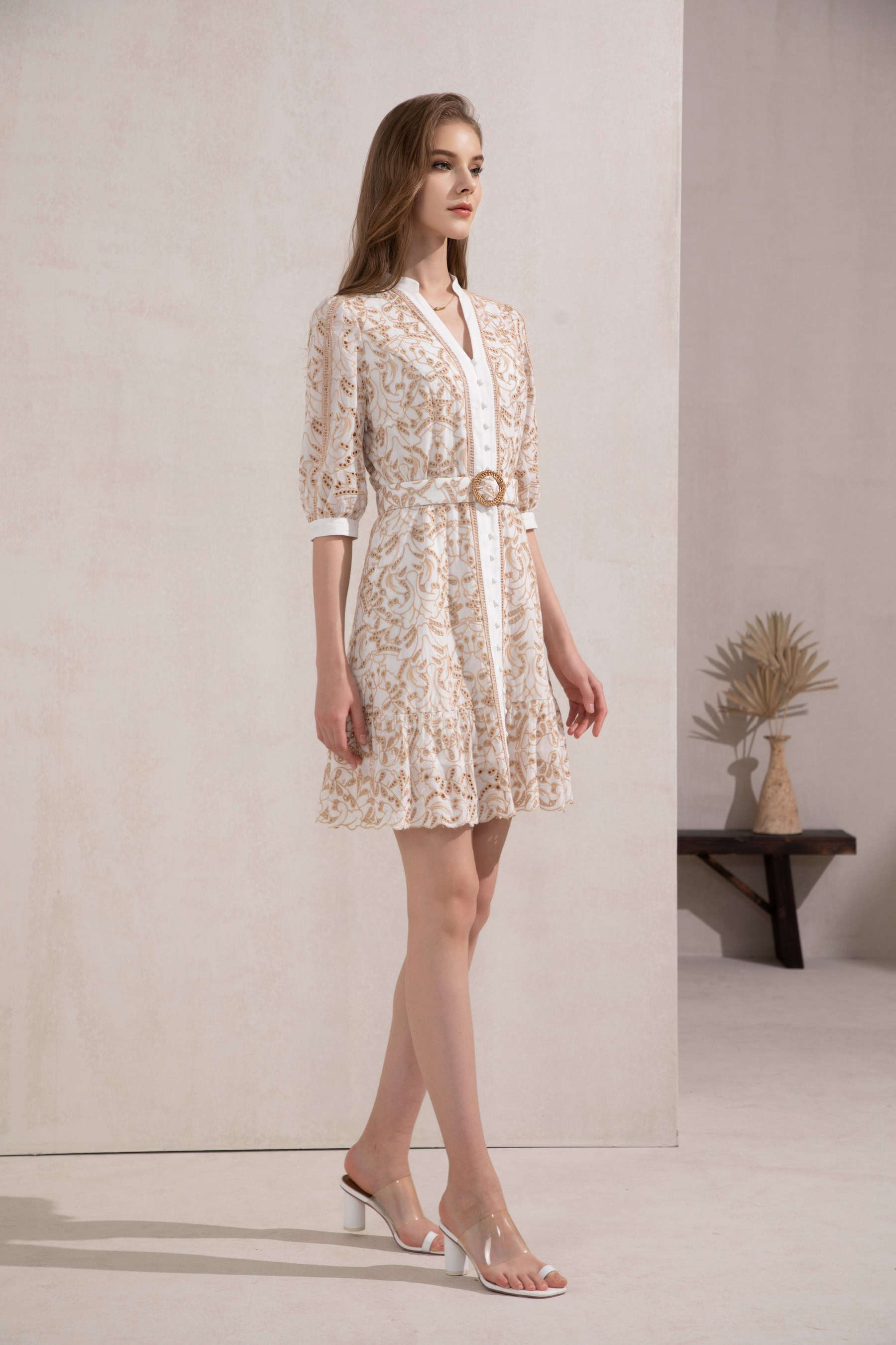 GDS Naomi V Neck Short Dress | Beige