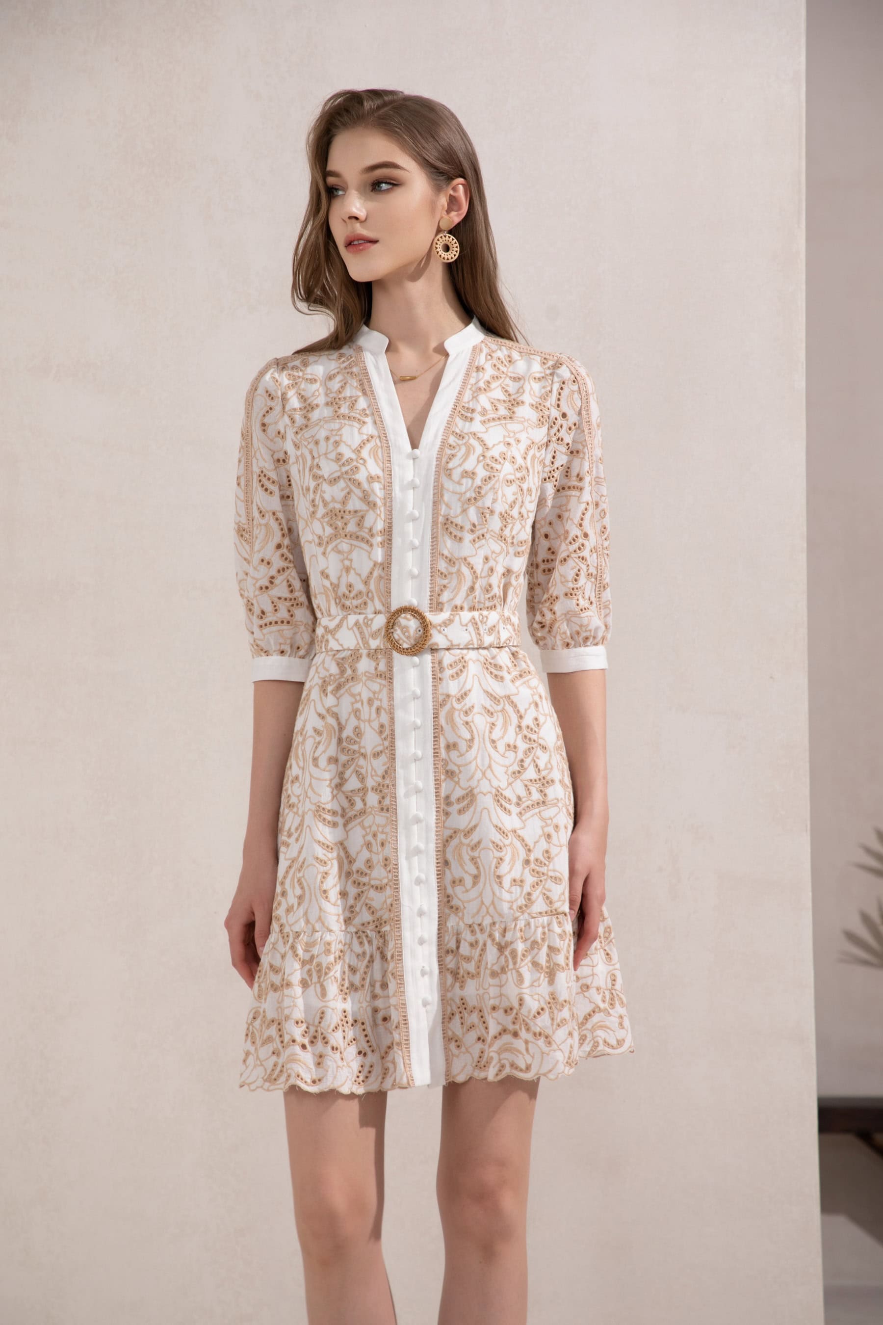 GDS Naomi V Neck Short Dress | Beige