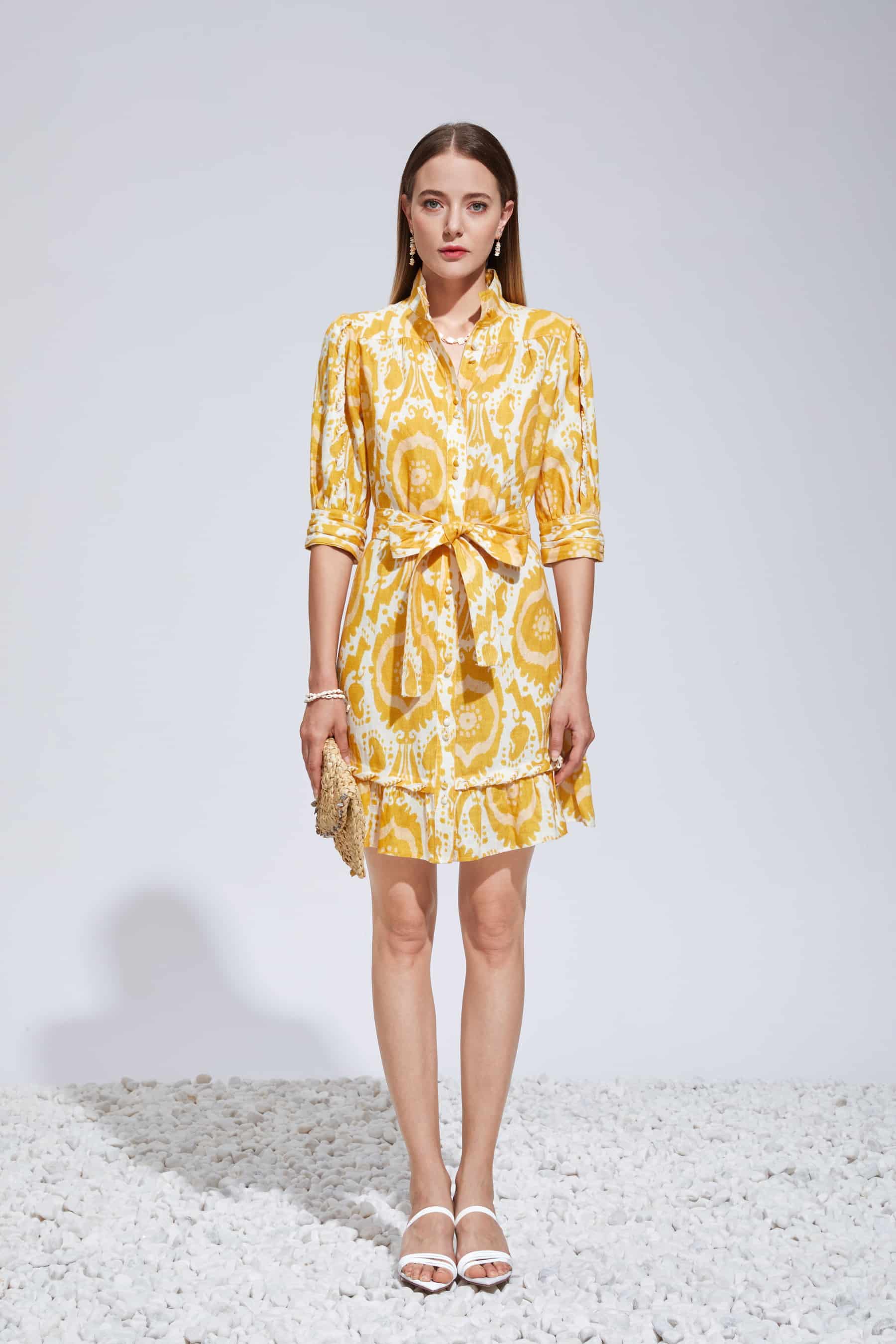 GDS Abyss Linen Short Dress | Yellow DRESSES BRUNCH CASUAL Catch DRESSES GDS HOLIDAY L M PRINT S SPRING-SUMMER wedding guest dress WORK XL XS YELLOW